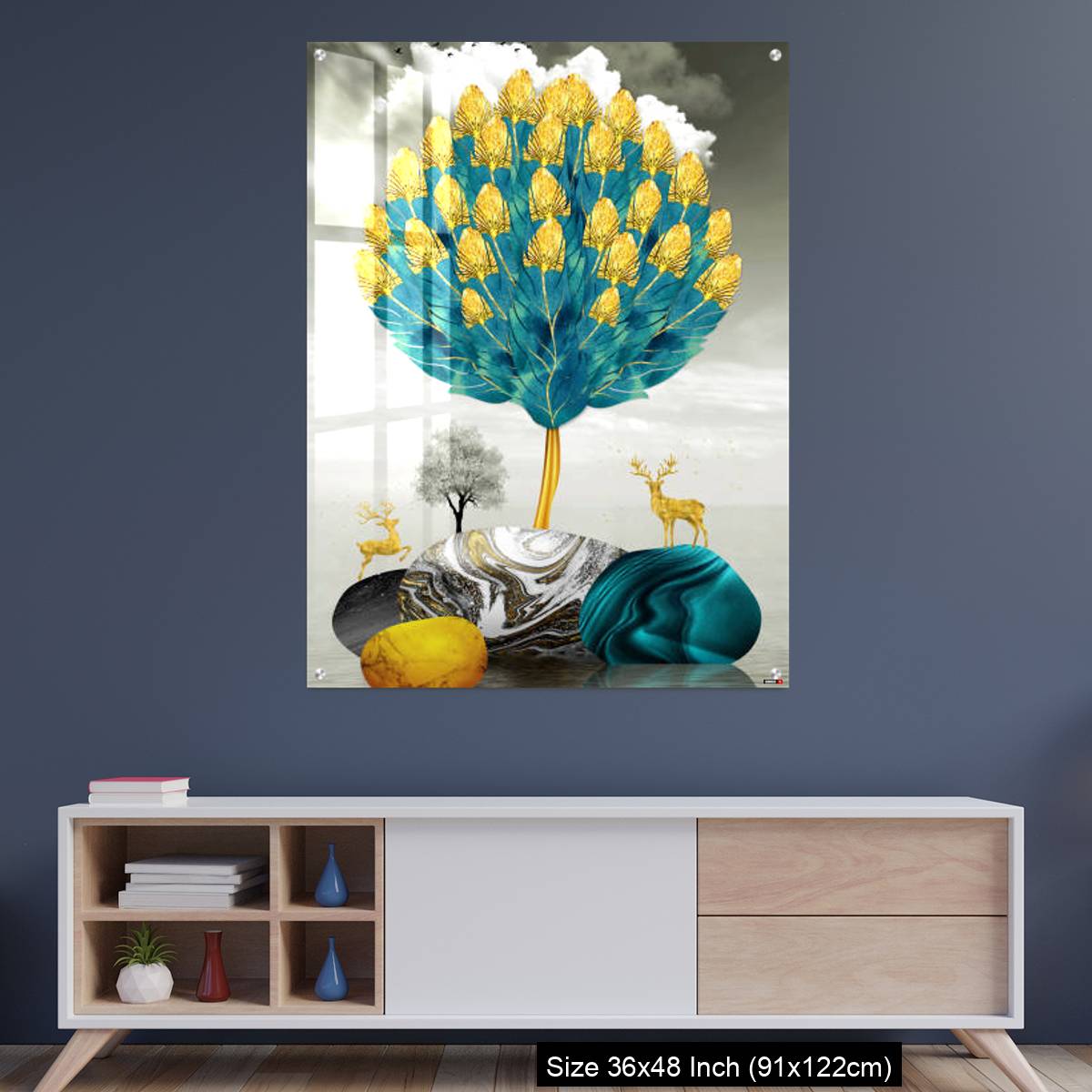 OMGs Acrylic Wall Decor – Ginko biloba leaves golden tree, deer, gray mountain, stone sun, and clouds