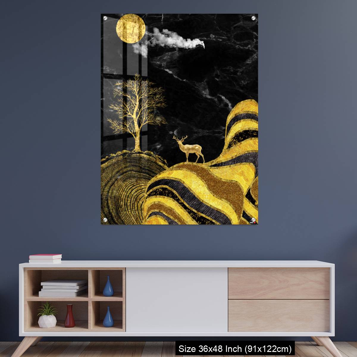 OMGs Acrylic Wall Decor – Moon and golden tree and curvy mountains, and white clouds. wall poster frame.