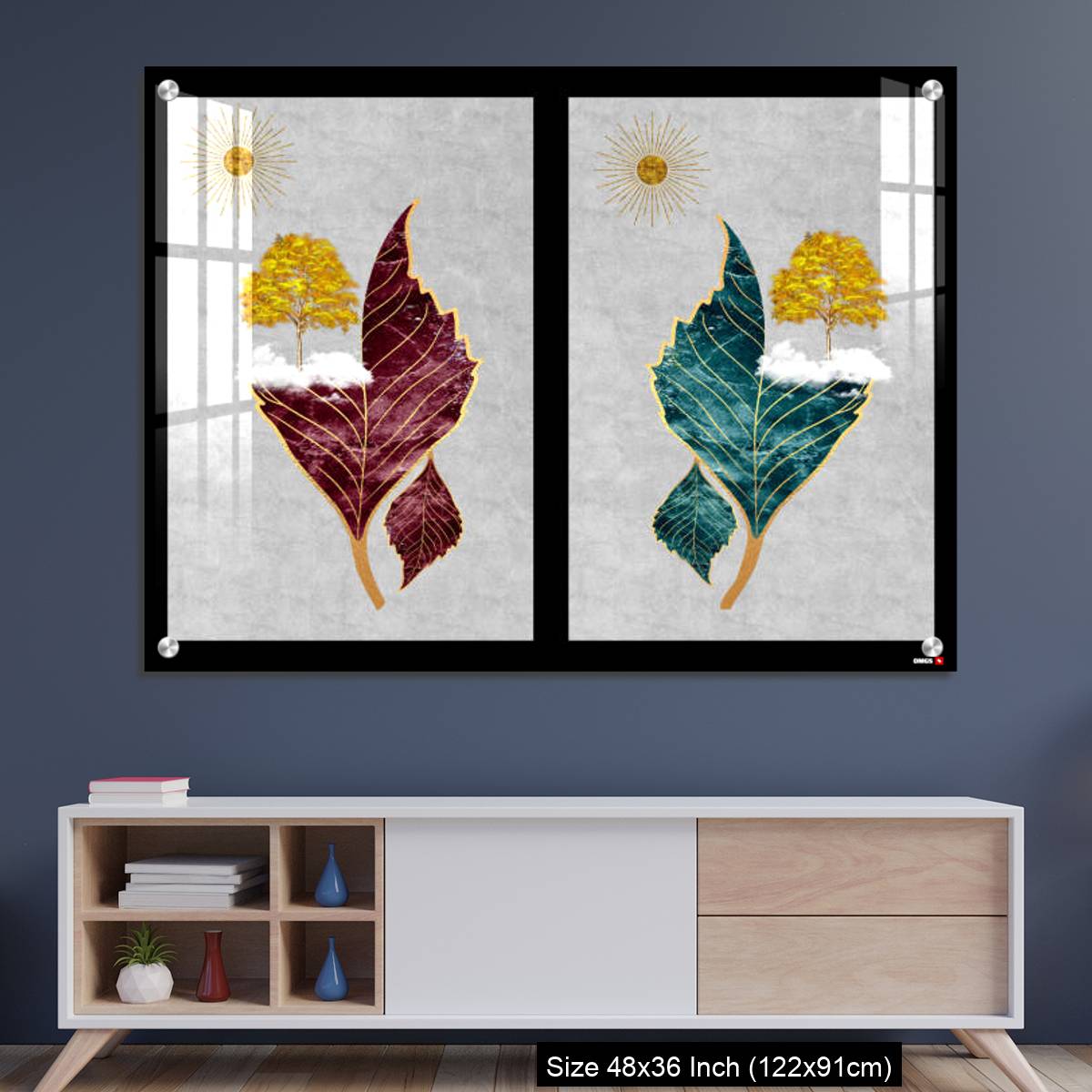 OMGs Acrylic Wall Decor – Chinese landscape gray background golden sun tree leaf and white clouds.