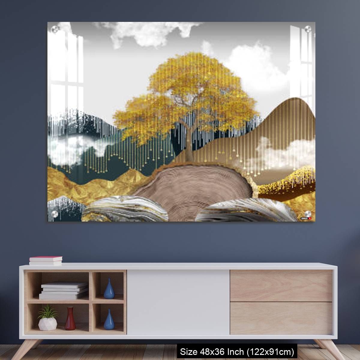 OMGs Acrylic Wall Decor – Gray background with golden trees, deer, mountains, and white clouds. golden, black, turquoise stone in water.