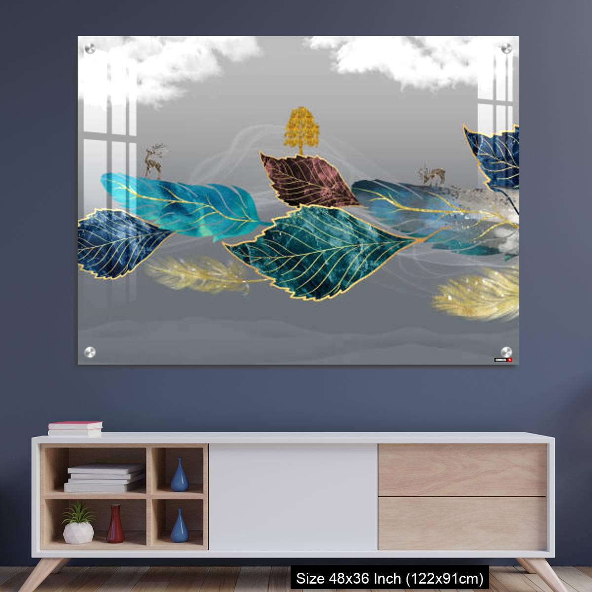 OMGs Acrylic Wall Decor – Blue, turquoise, and red leaves, white clouds and feathers in gray background