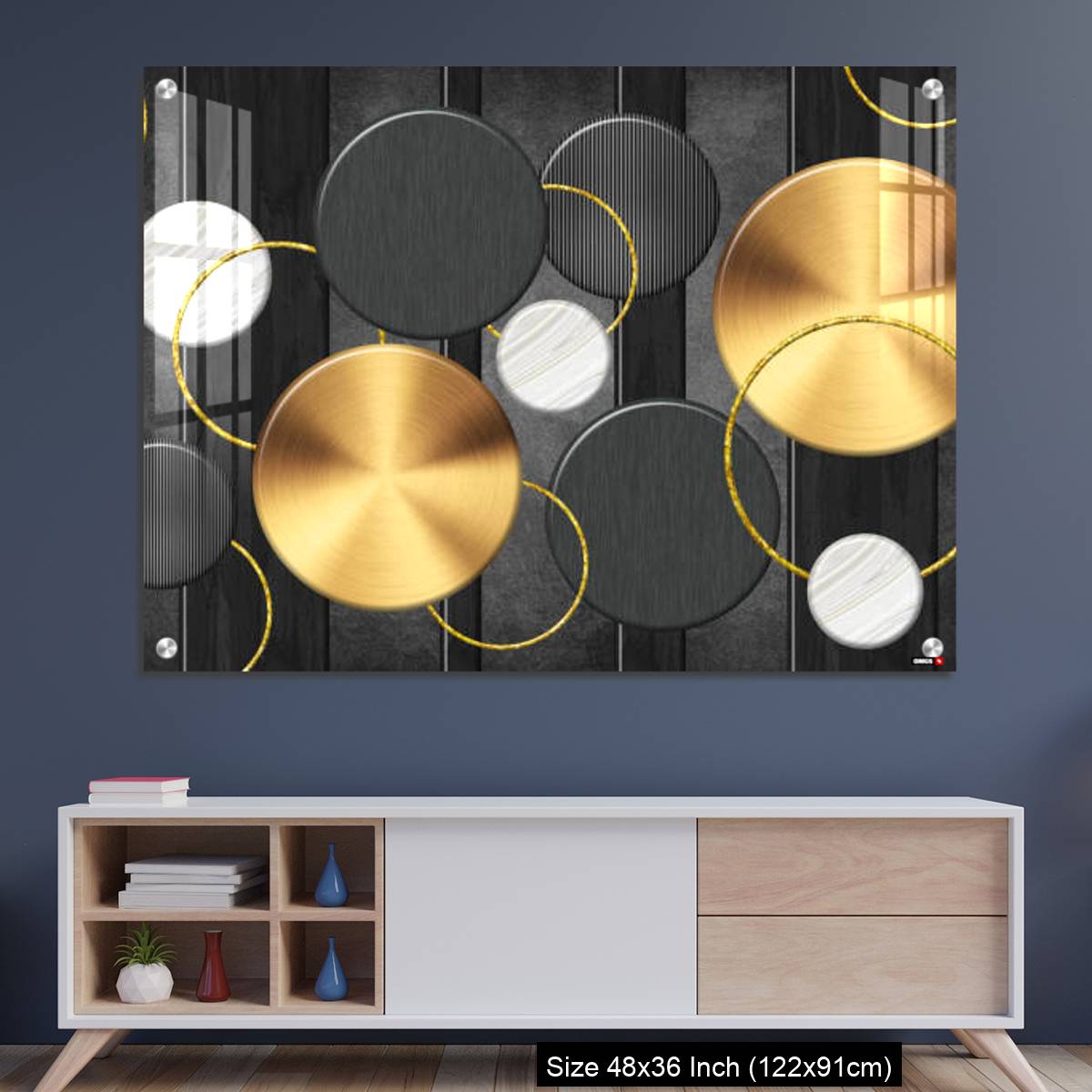OMGs Acrylic Wall Decor – White and golden circles in dark gray  background decorative wall art.
