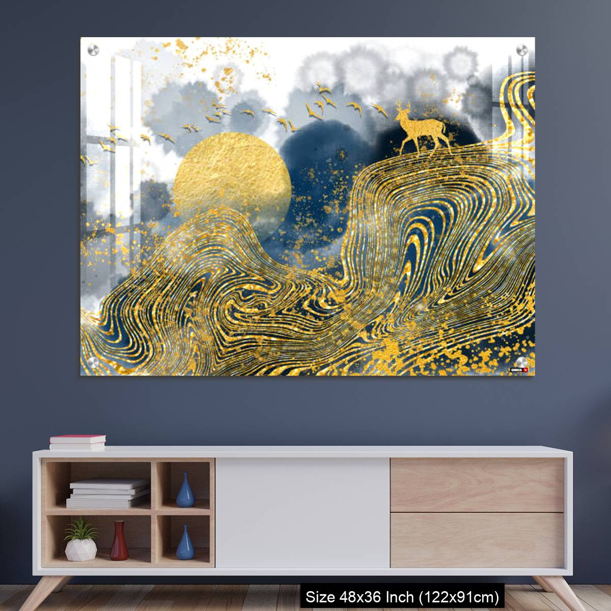 OMGs Acrylic Wall Decor – Golden deer, black christmas tree , mountain , moon with white birds