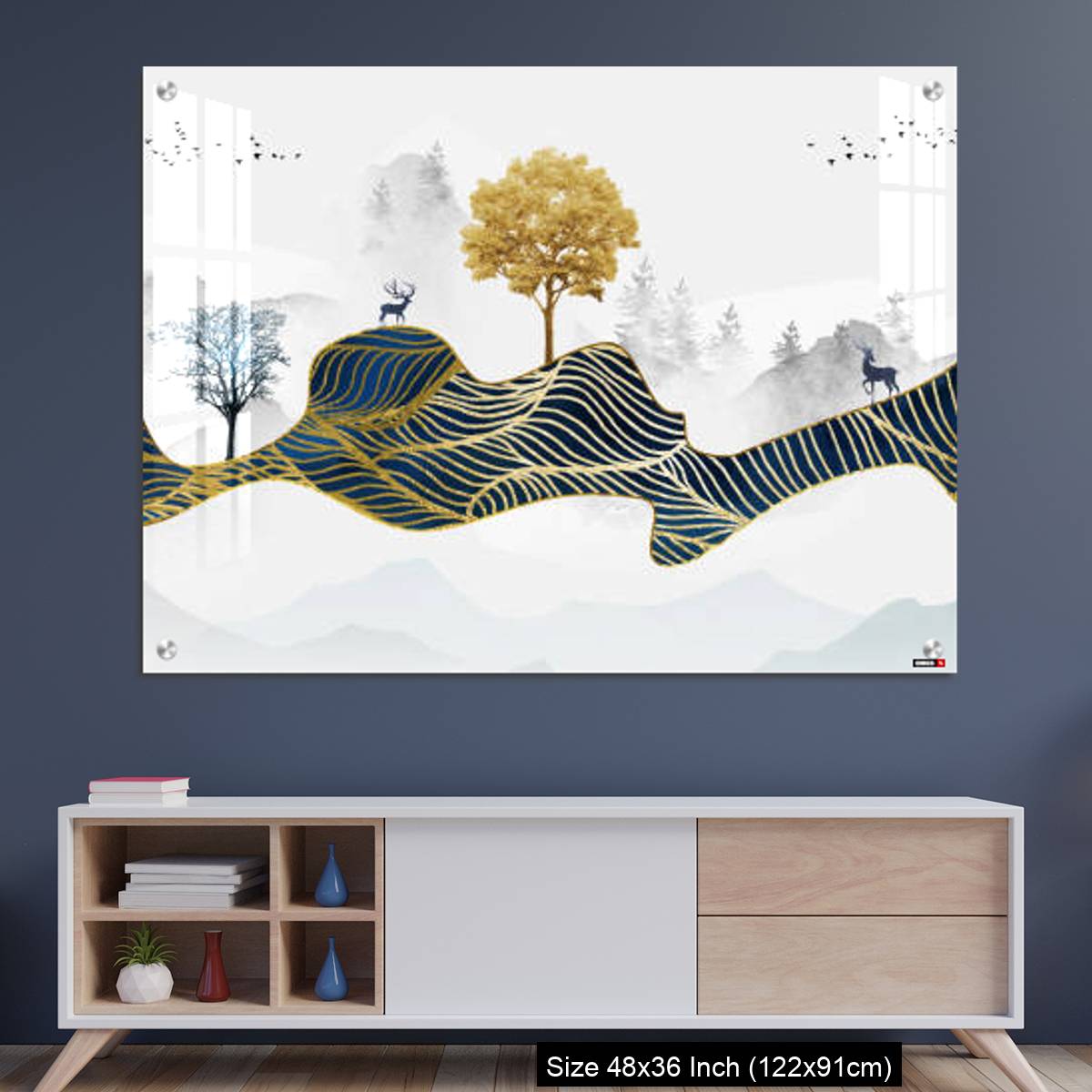 OMGs Acrylic Wall Decor – Deer, Christmas trees, mountains, clouds, and golden blue waves. 3d modern canvas art mural