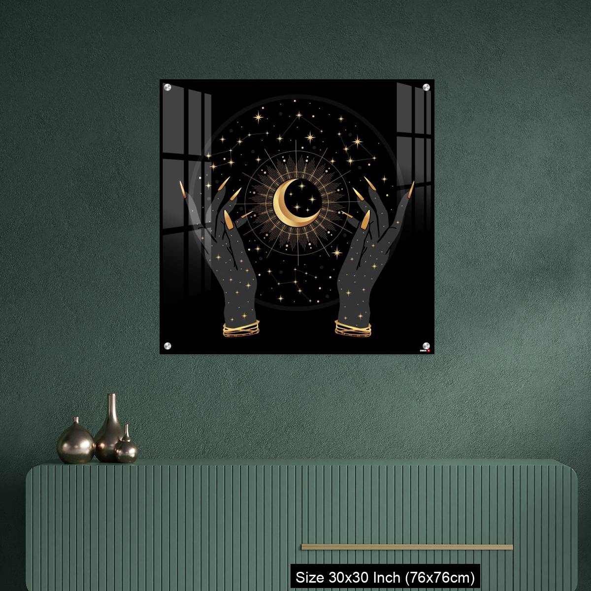 OMGs Acrylic Wall Decor – Black and gold boho crescent and elegant female hands. - Image 2