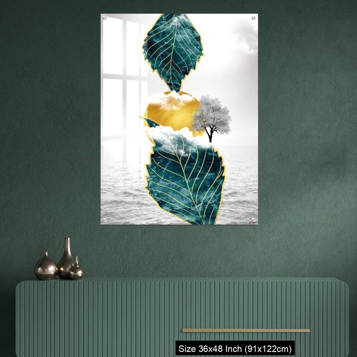 OMGs Acrylic Wall Decor – Light gray background golden sun and clouds, tree leaf and water - Image 2