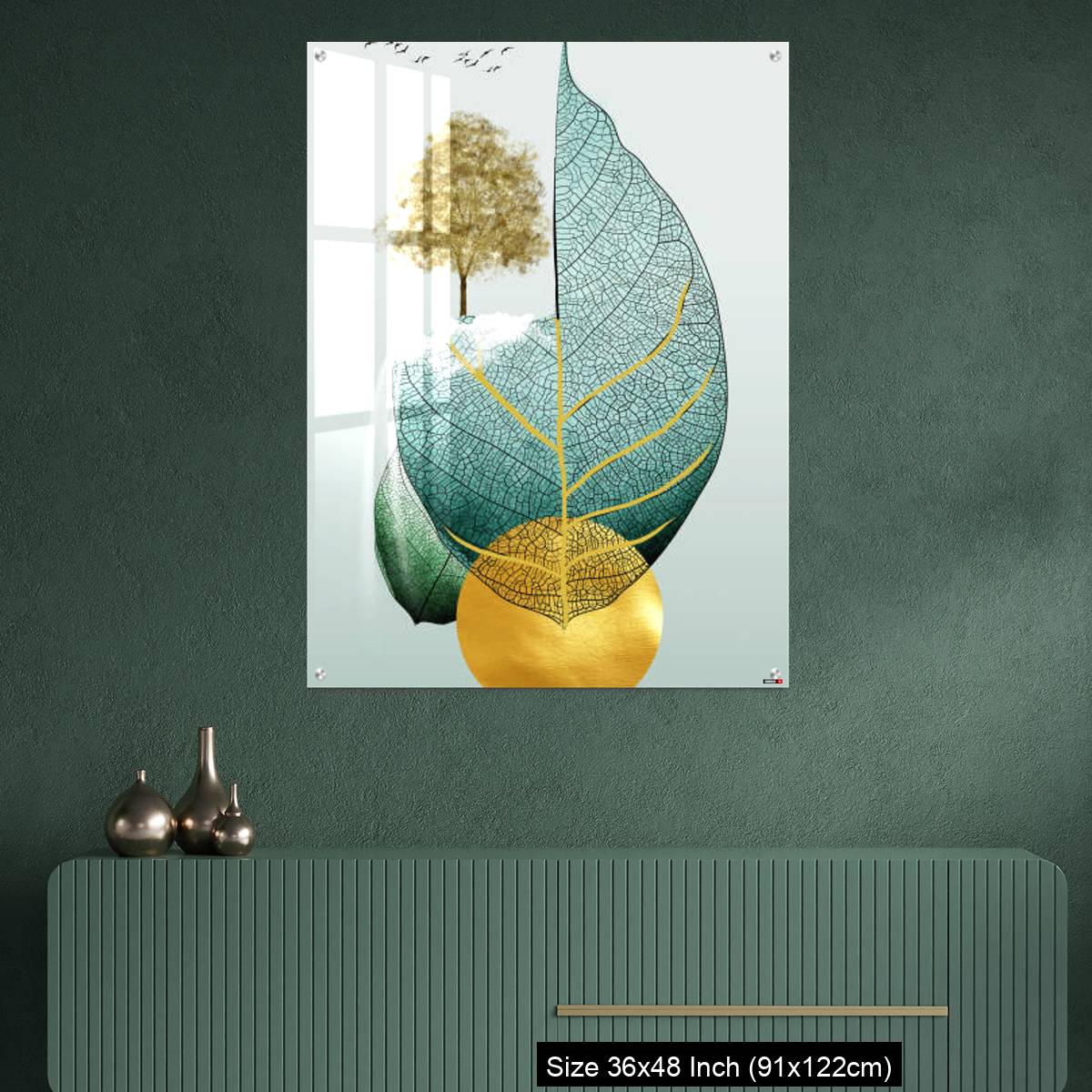 OMGs Acrylic Wall Decor – Gray background golden tree and birds , mountains tree leaf and white clouds . - Image 2
