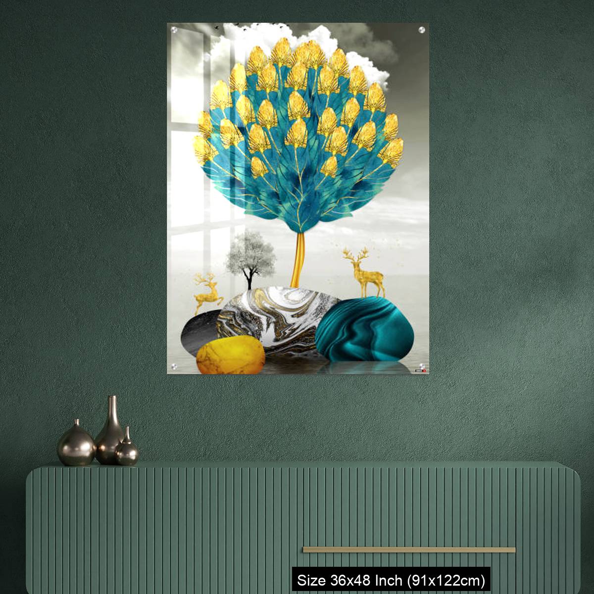 OMGs Acrylic Wall Decor – Ginko biloba leaves golden tree, deer, gray mountain, stone sun, and clouds - Image 2