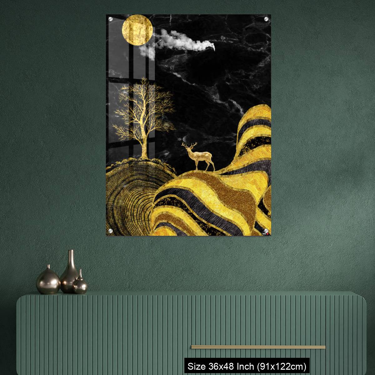 OMGs Acrylic Wall Decor – Moon and golden tree and curvy mountains, and white clouds. wall poster frame. - Image 2