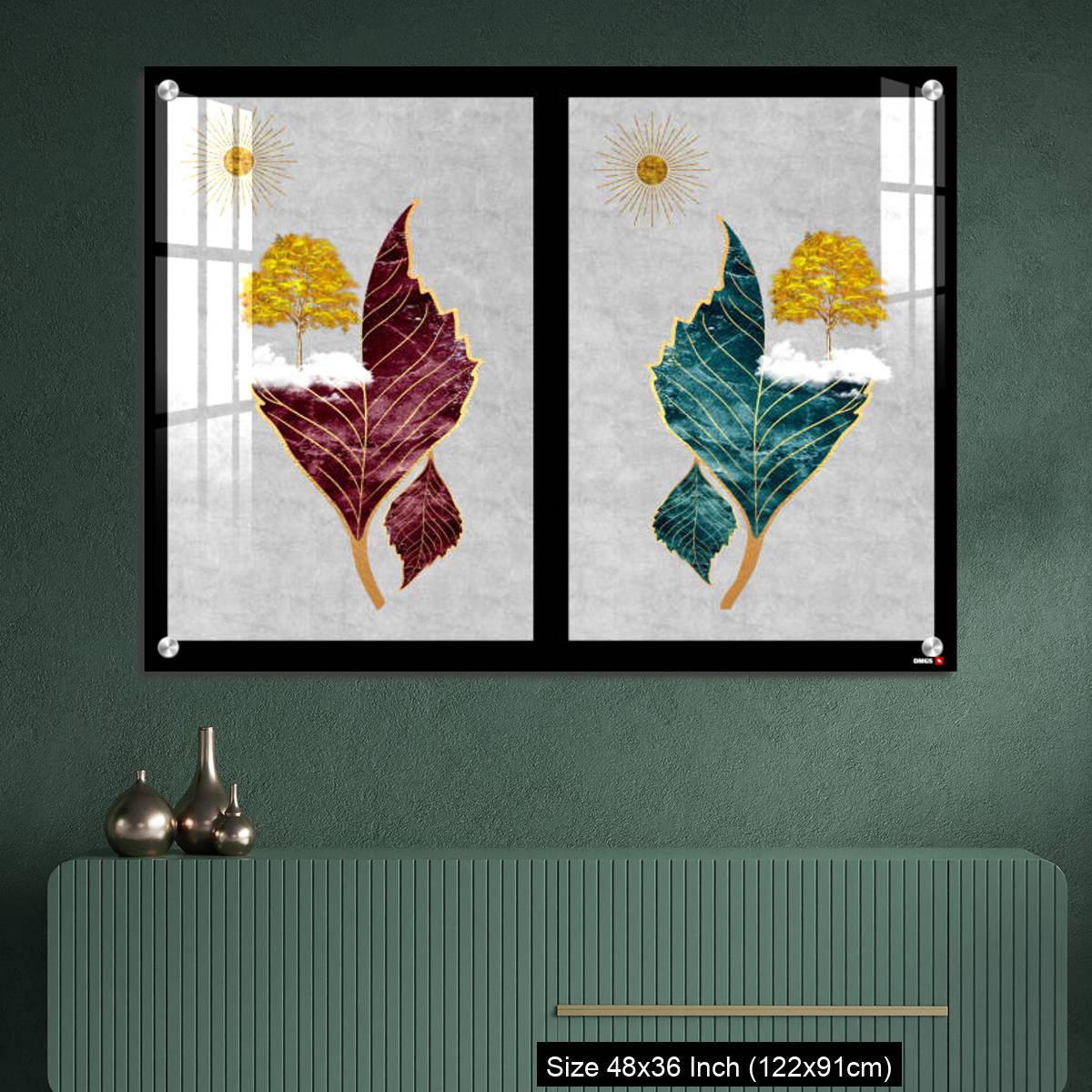 OMGs Acrylic Wall Decor – Chinese landscape gray background golden sun tree leaf and white clouds. - Image 2