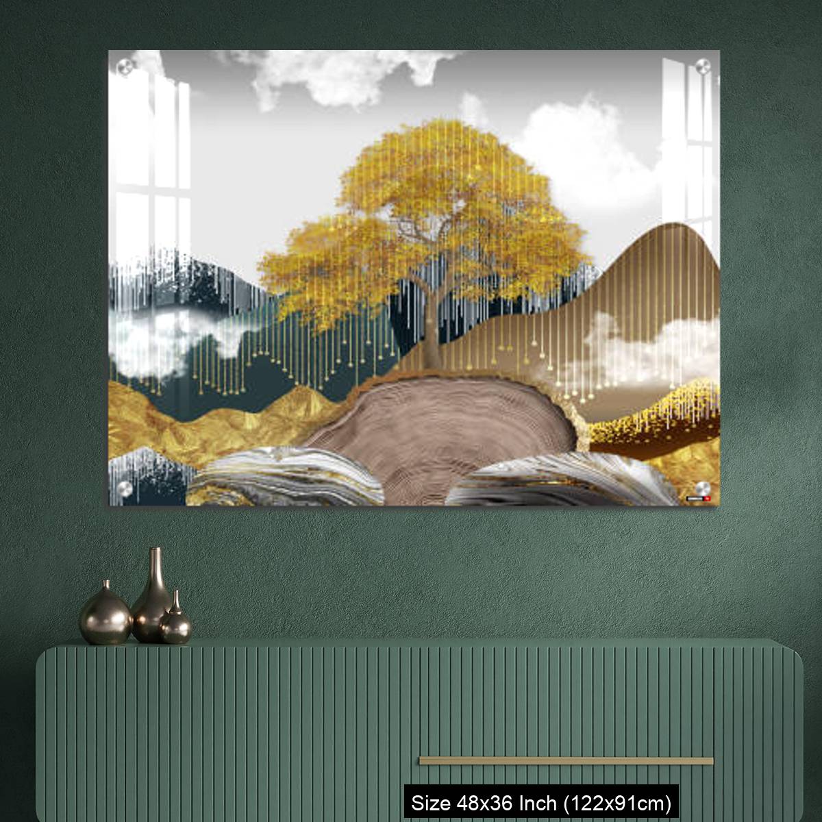 OMGs Acrylic Wall Decor – Gray background with golden trees, deer, mountains, and white clouds. golden, black, turquoise stone in water. - Image 2