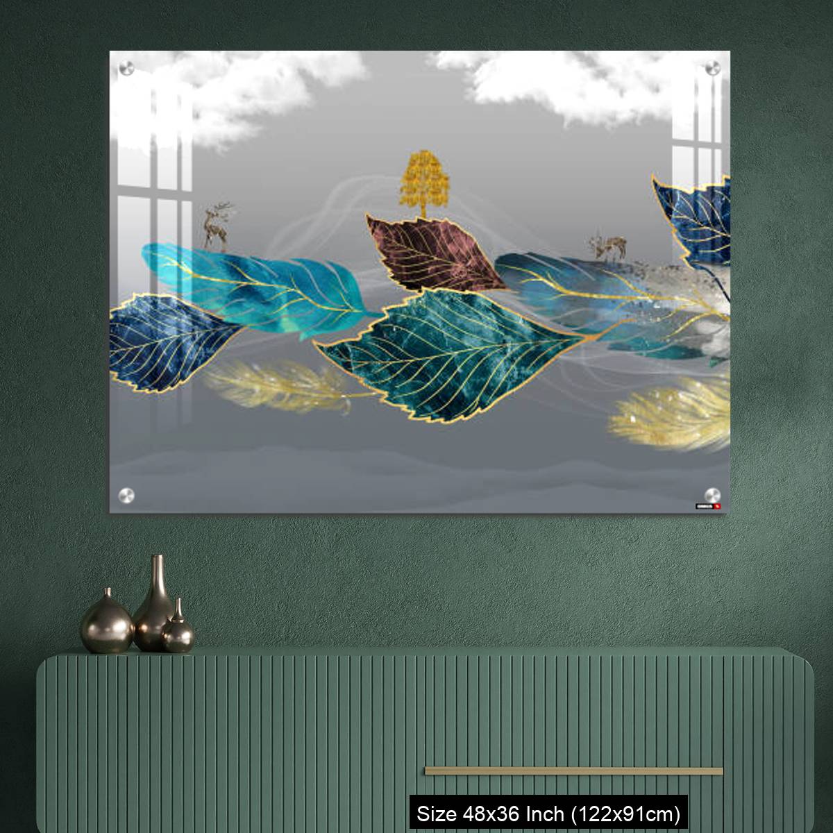 OMGs Acrylic Wall Decor – Blue, turquoise, and red leaves, white clouds and feathers in gray background - Image 2