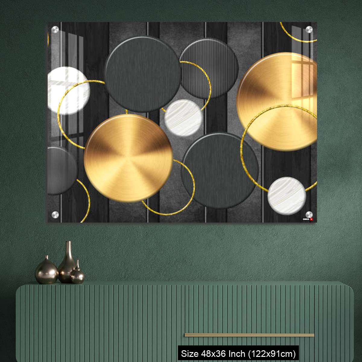 OMGs Acrylic Wall Decor – White and golden circles in dark gray  background decorative wall art. - Image 2