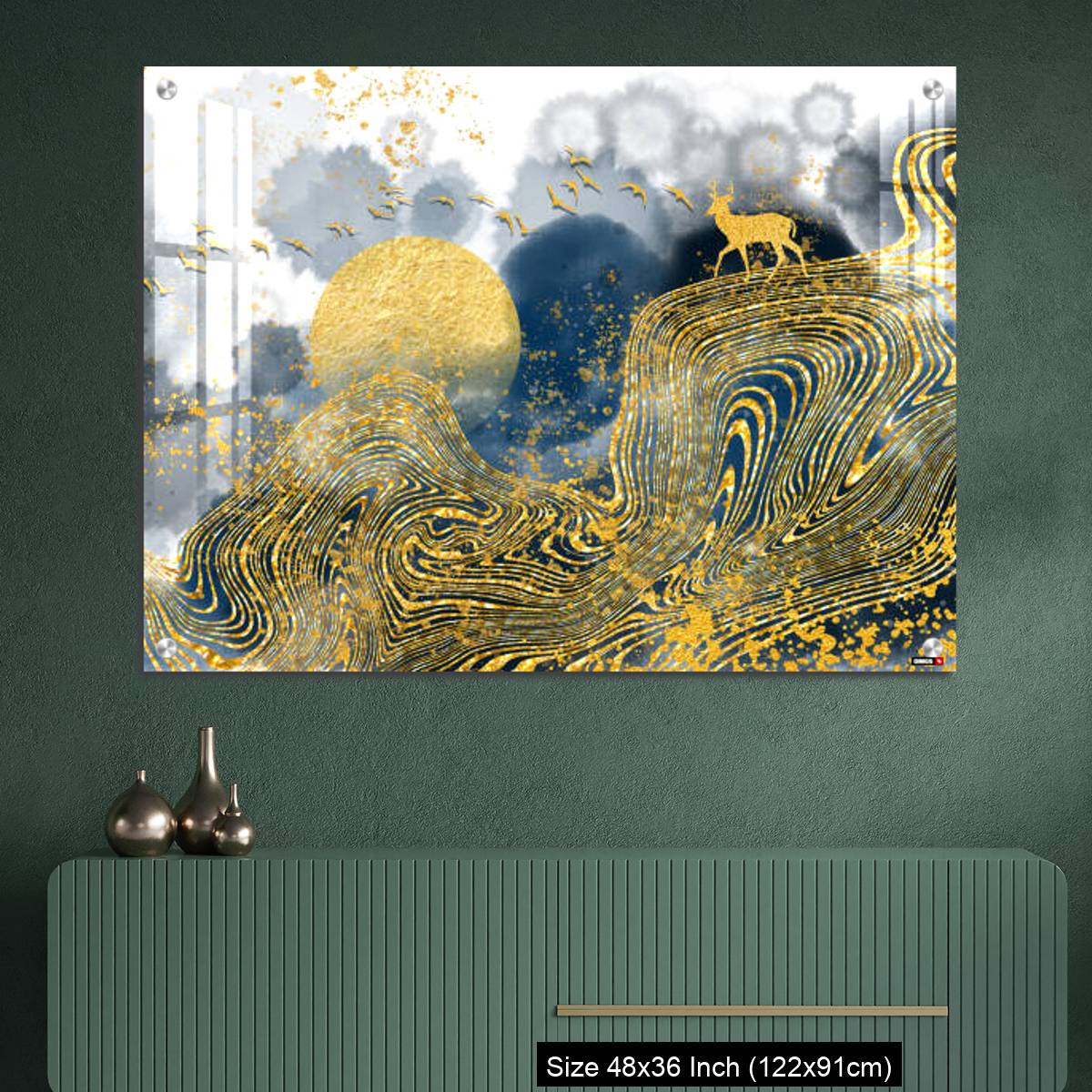 OMGs Acrylic Wall Decor – Golden deer, black christmas tree , mountain , moon with white birds - Image 2