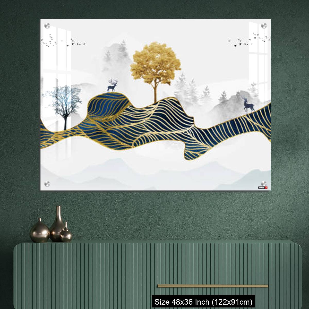 OMGs Acrylic Wall Decor – Deer, Christmas trees, mountains, clouds, and golden blue waves. 3d modern canvas art mural - Image 2