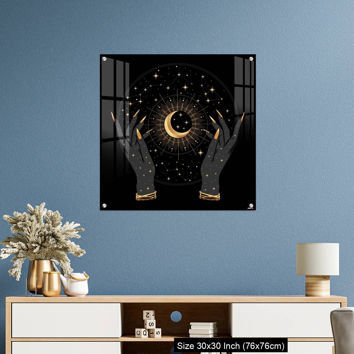 OMGs Acrylic Wall Decor – Black and gold boho crescent and elegant female hands. - Image 3