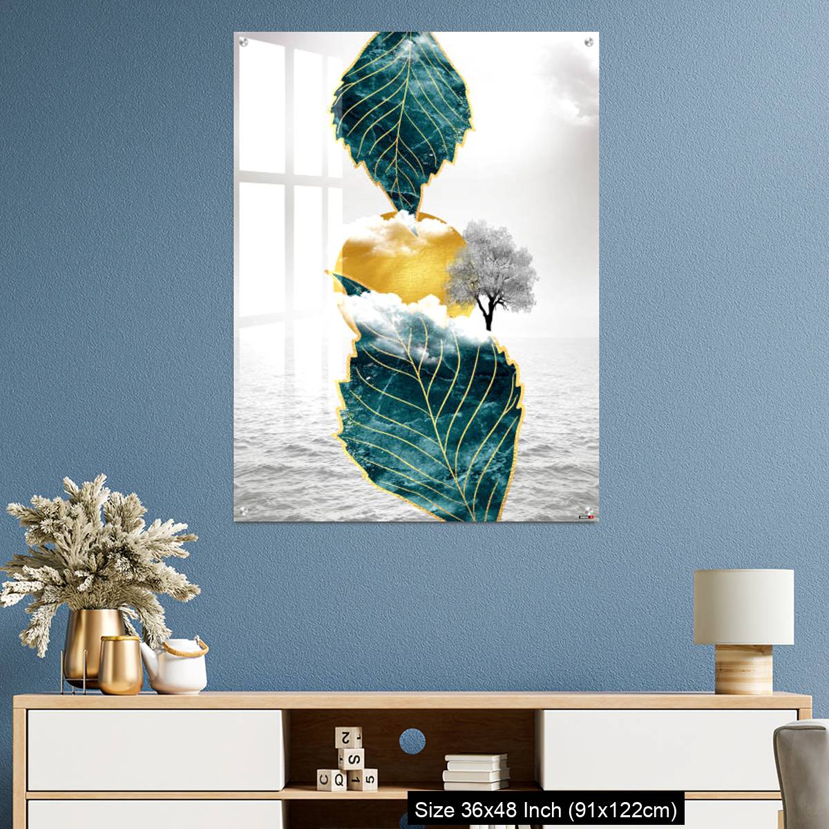 OMGs Acrylic Wall Decor – Light gray background golden sun and clouds, tree leaf and water - Image 3
