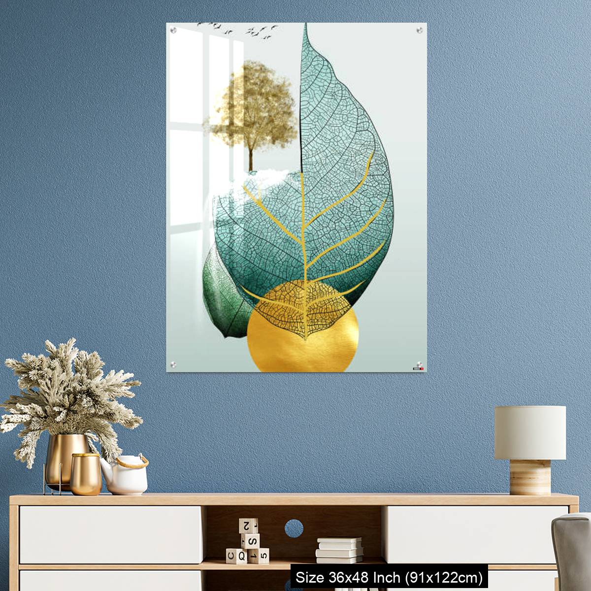 OMGs Acrylic Wall Decor – Gray background golden tree and birds , mountains tree leaf and white clouds . - Image 3
