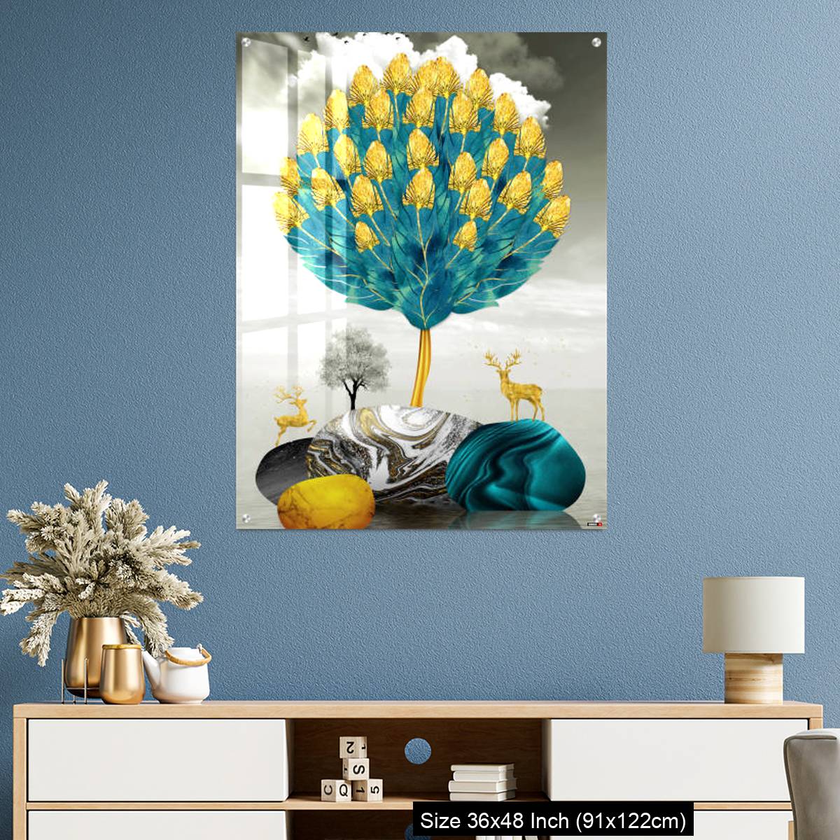 OMGs Acrylic Wall Decor – Ginko biloba leaves golden tree, deer, gray mountain, stone sun, and clouds - Image 3