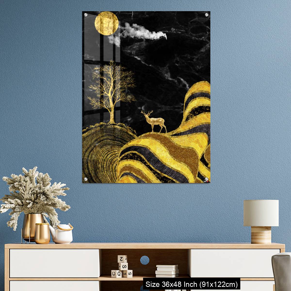 OMGs Acrylic Wall Decor – Moon and golden tree and curvy mountains, and white clouds. wall poster frame. - Image 3