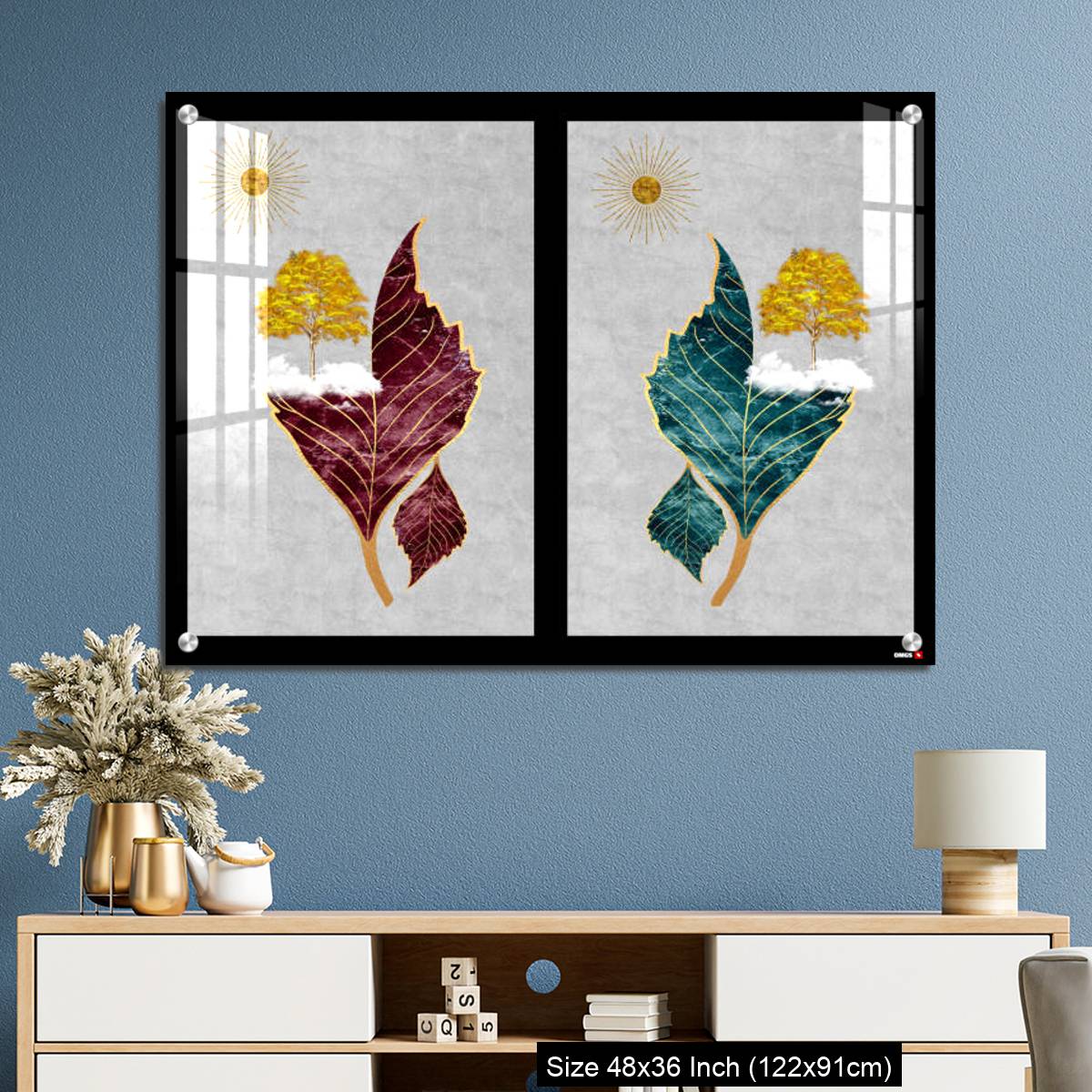 OMGs Acrylic Wall Decor – Chinese landscape gray background golden sun tree leaf and white clouds. - Image 3