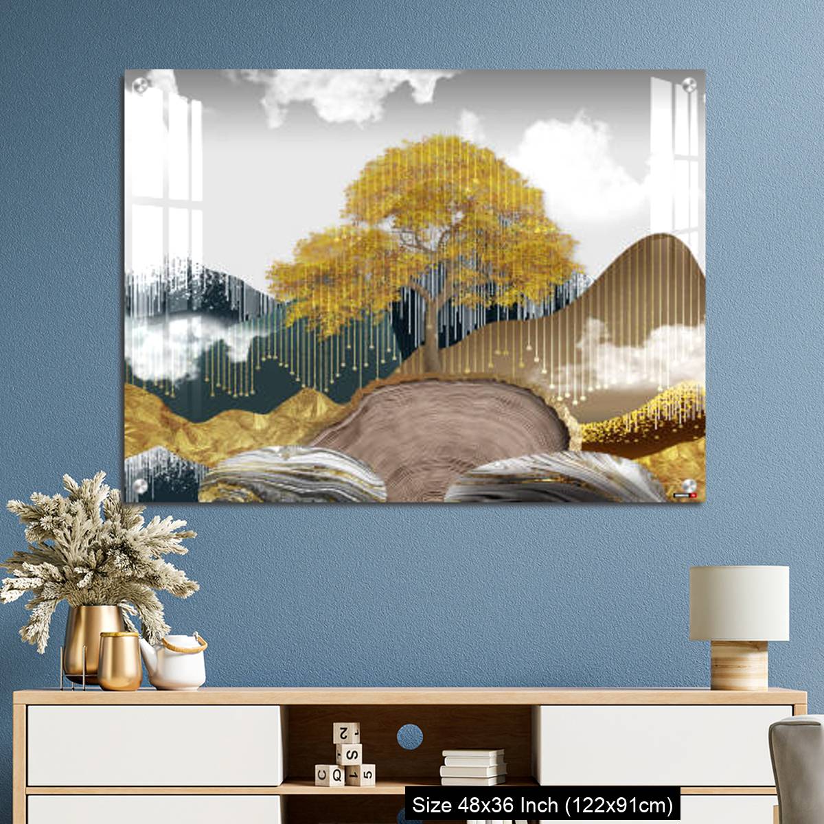 OMGs Acrylic Wall Decor – Gray background with golden trees, deer, mountains, and white clouds. golden, black, turquoise stone in water. - Image 3