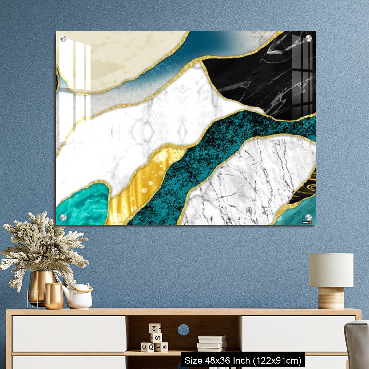 OMGs Acrylic Wall Decor – Resin geode and abstract art, functional art, like watercolor geode painting. golden, blue, turquoise, black, gray, white and gray background - Image 3