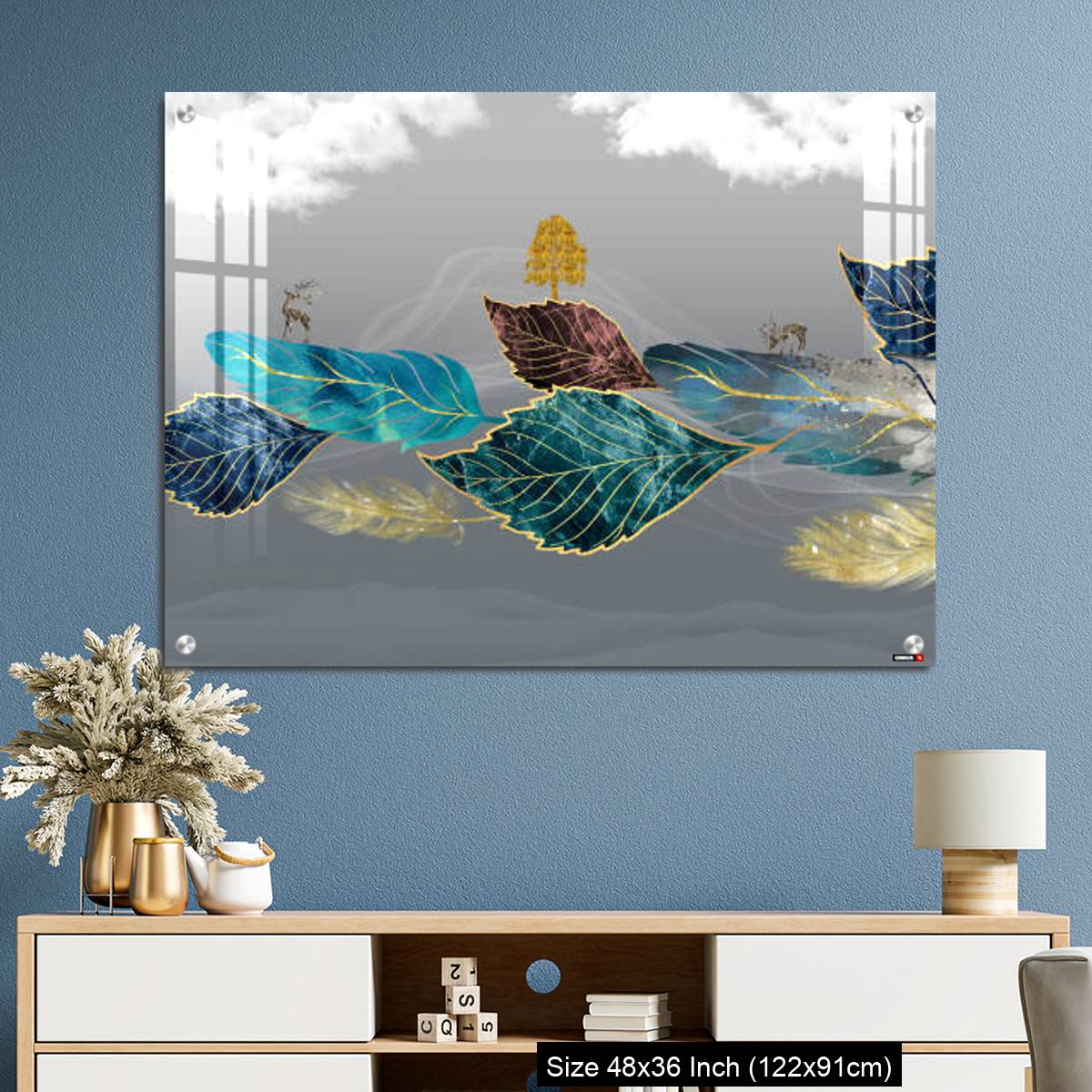 OMGs Acrylic Wall Decor – Blue, turquoise, and red leaves, white clouds and feathers in gray background - Image 3