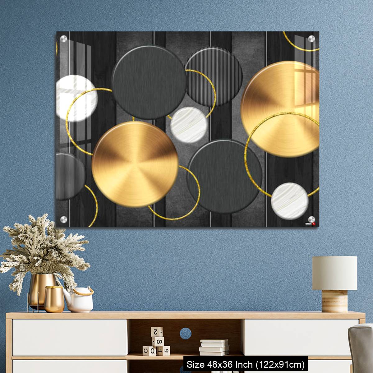 OMGs Acrylic Wall Decor – White and golden circles in dark gray  background decorative wall art. - Image 3