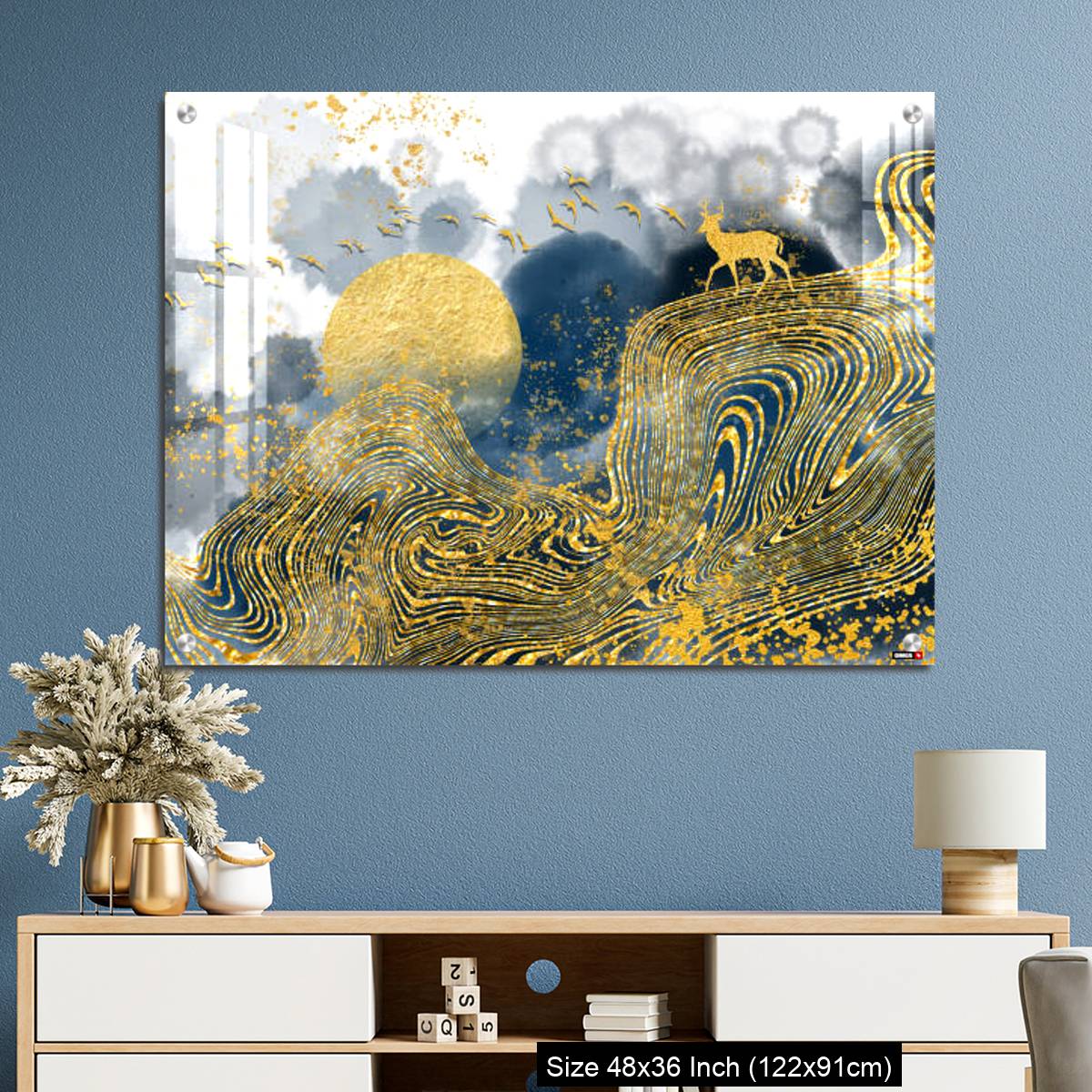 OMGs Acrylic Wall Decor – Golden deer, black christmas tree , mountain , moon with white birds - Image 3