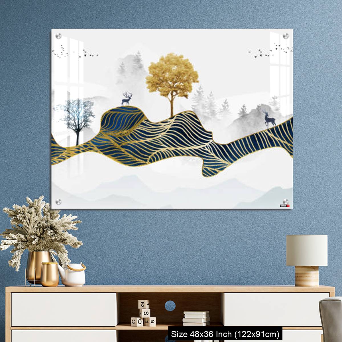 OMGs Acrylic Wall Decor – Deer, Christmas trees, mountains, clouds, and golden blue waves. 3d modern canvas art mural - Image 3