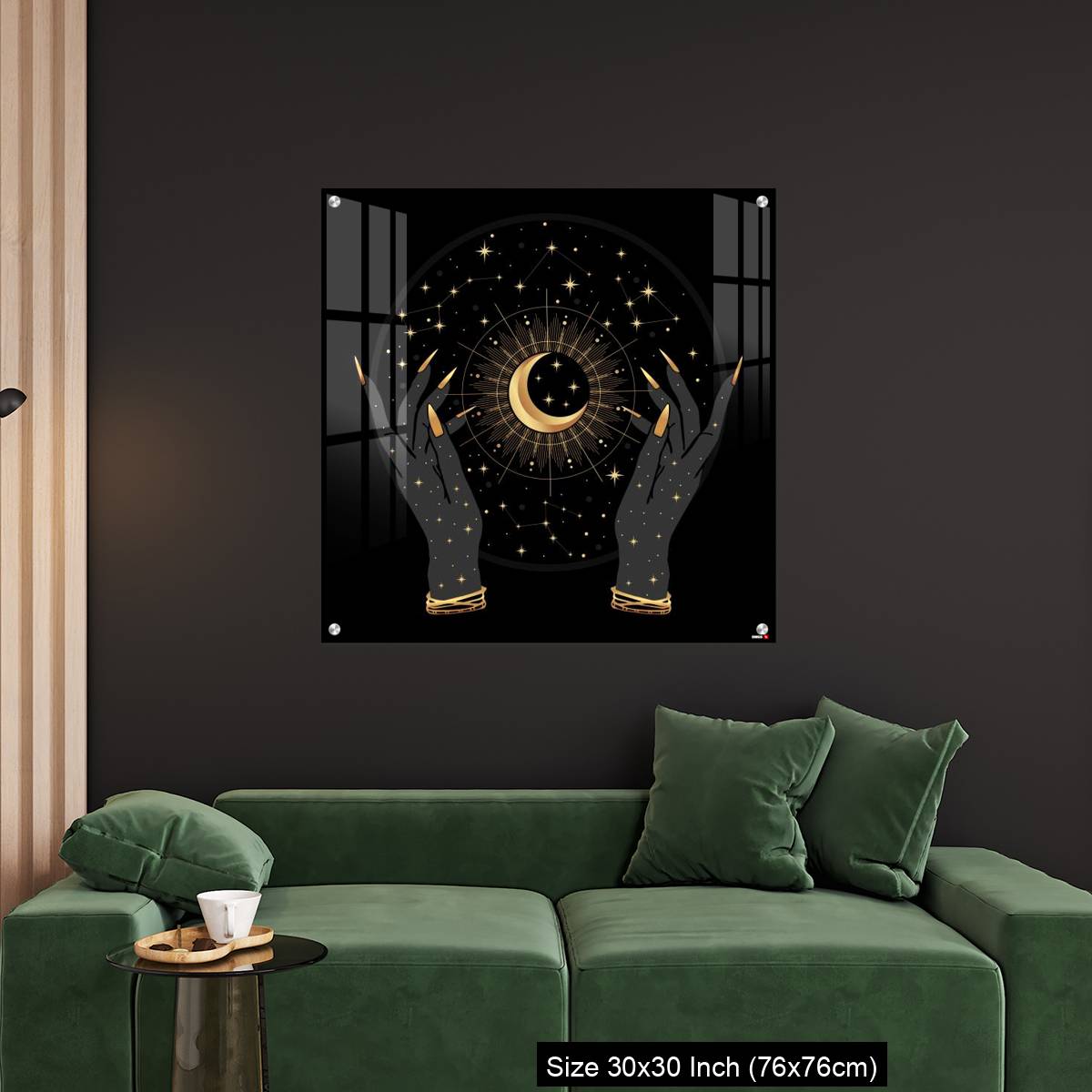 OMGs Acrylic Wall Decor – Black and gold boho crescent and elegant female hands. - Image 4