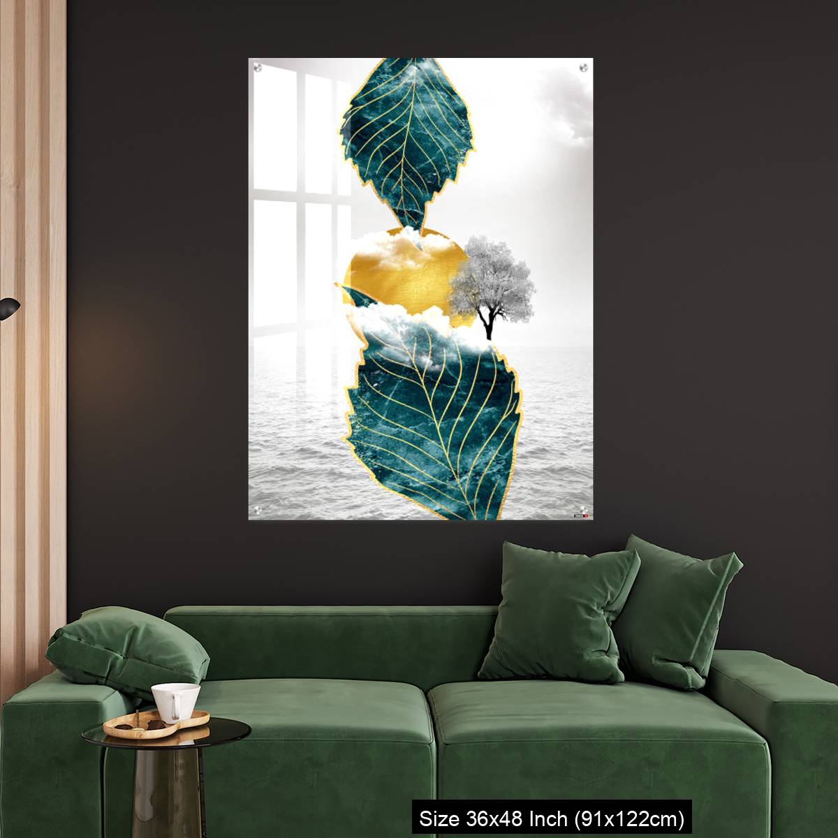 OMGs Acrylic Wall Decor – Light gray background golden sun and clouds, tree leaf and water - Image 4