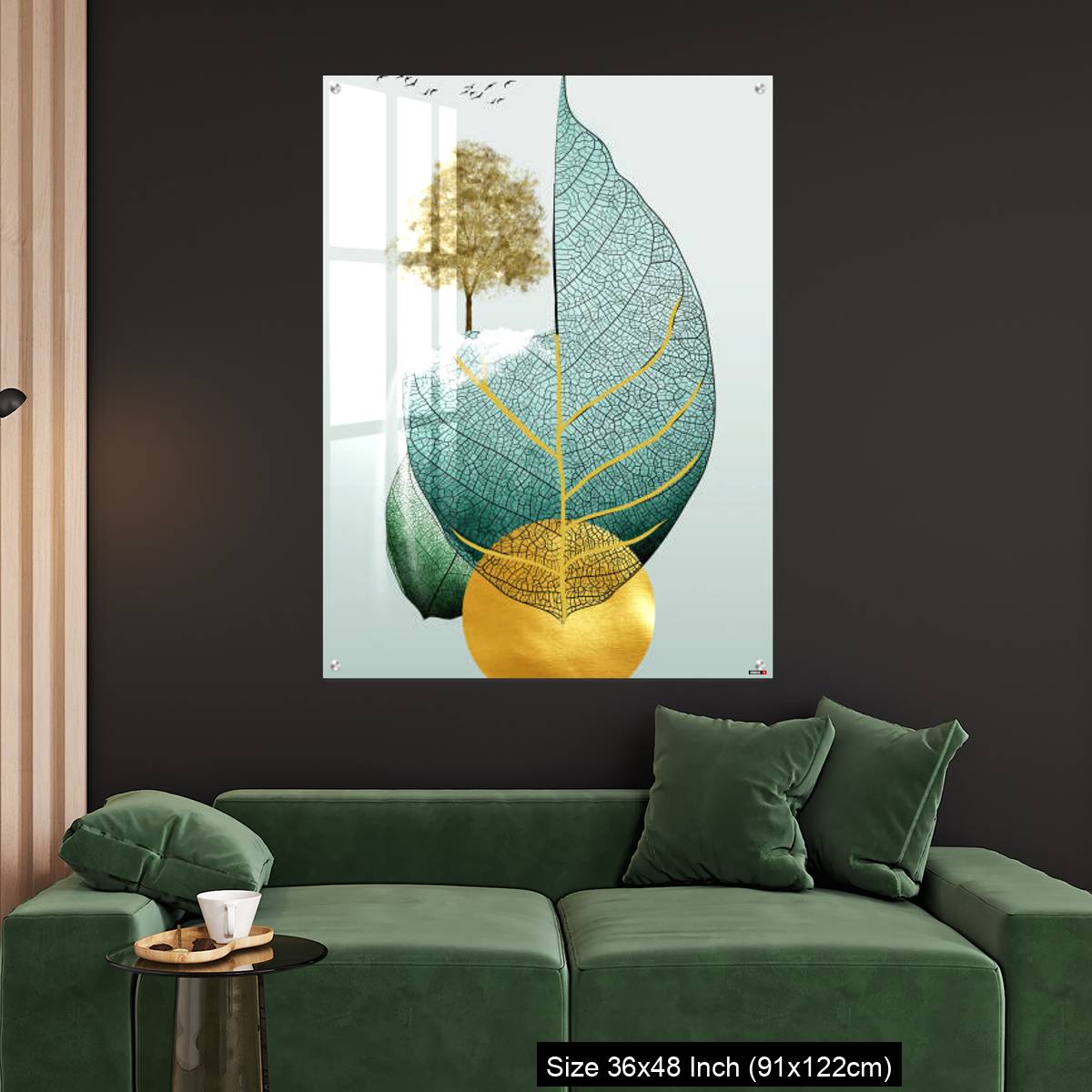 OMGs Acrylic Wall Decor – Gray background golden tree and birds , mountains tree leaf and white clouds . - Image 4