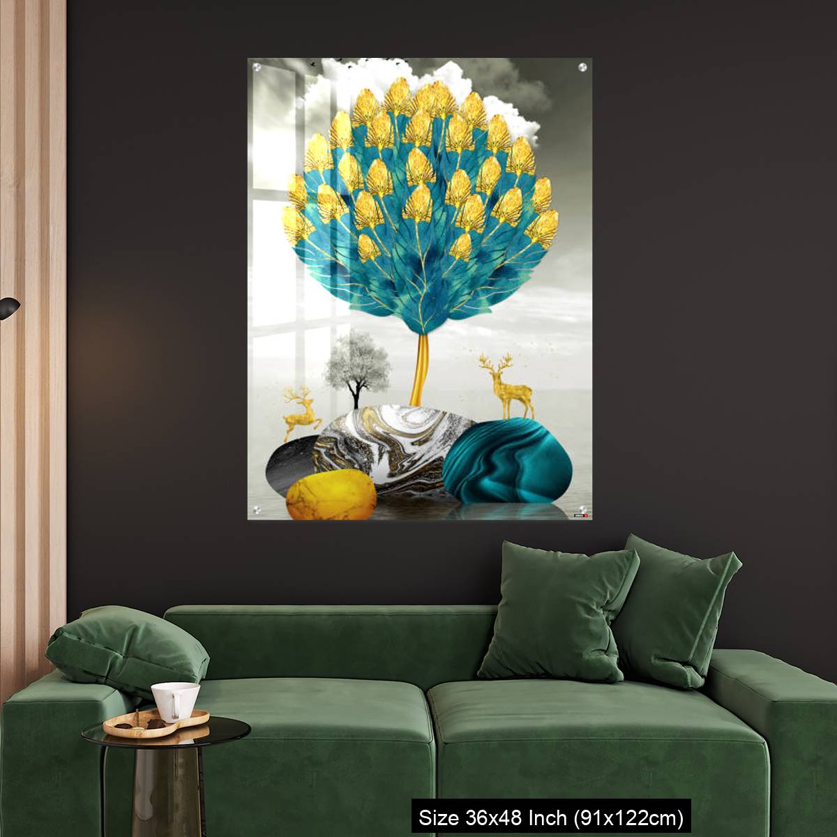 OMGs Acrylic Wall Decor – Ginko biloba leaves golden tree, deer, gray mountain, stone sun, and clouds - Image 4