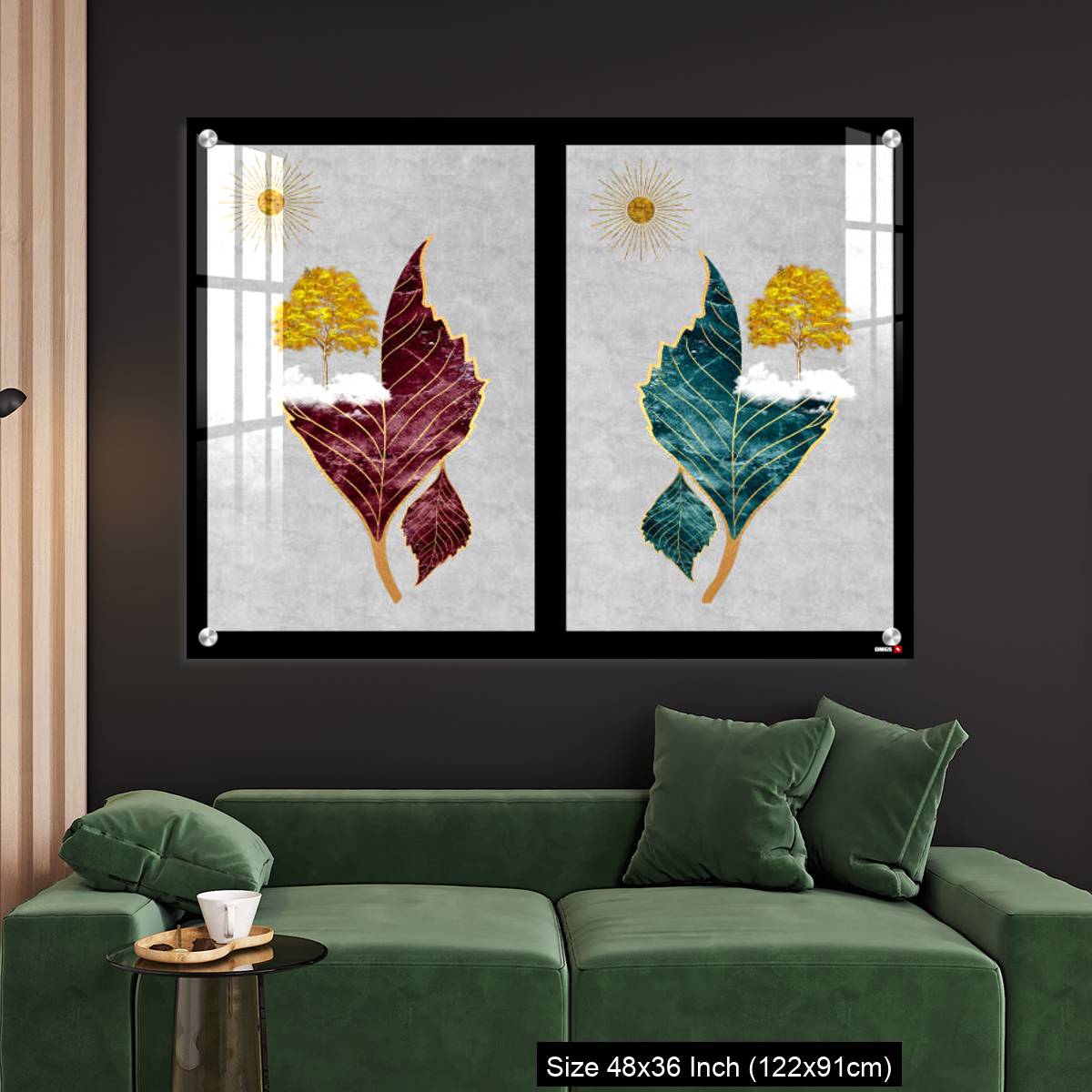 OMGs Acrylic Wall Decor – Chinese landscape gray background golden sun tree leaf and white clouds. - Image 4
