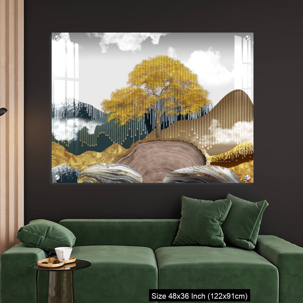 OMGs Acrylic Wall Decor – Gray background with golden trees, deer, mountains, and white clouds. golden, black, turquoise stone in water. - Image 4