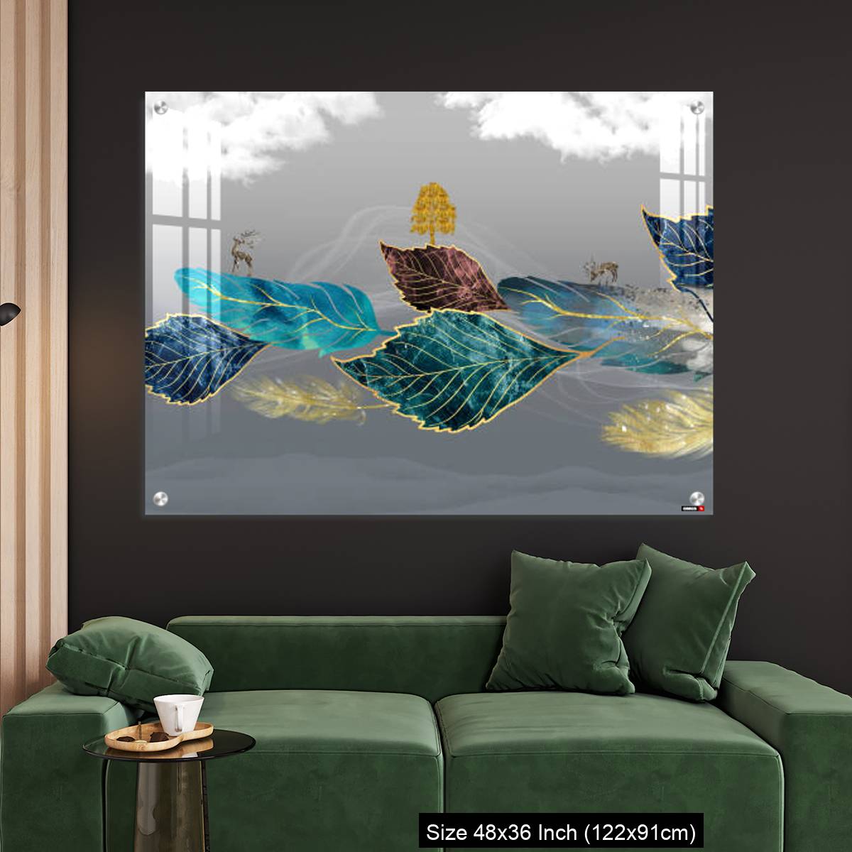 OMGs Acrylic Wall Decor – Blue, turquoise, and red leaves, white clouds and feathers in gray background - Image 4