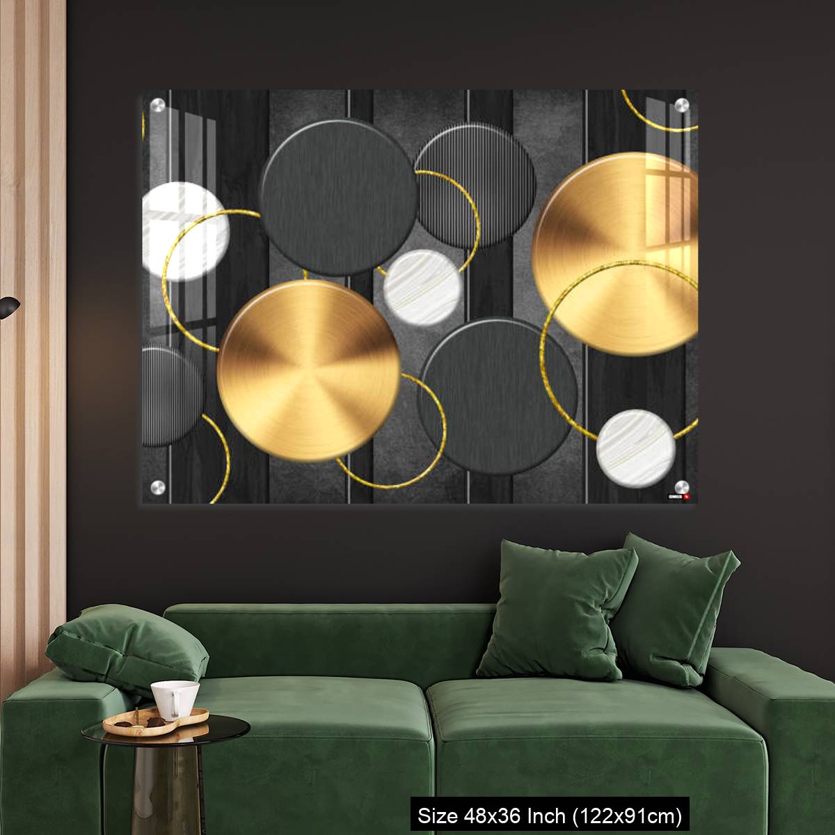 OMGs Acrylic Wall Decor – White and golden circles in dark gray  background decorative wall art. - Image 4