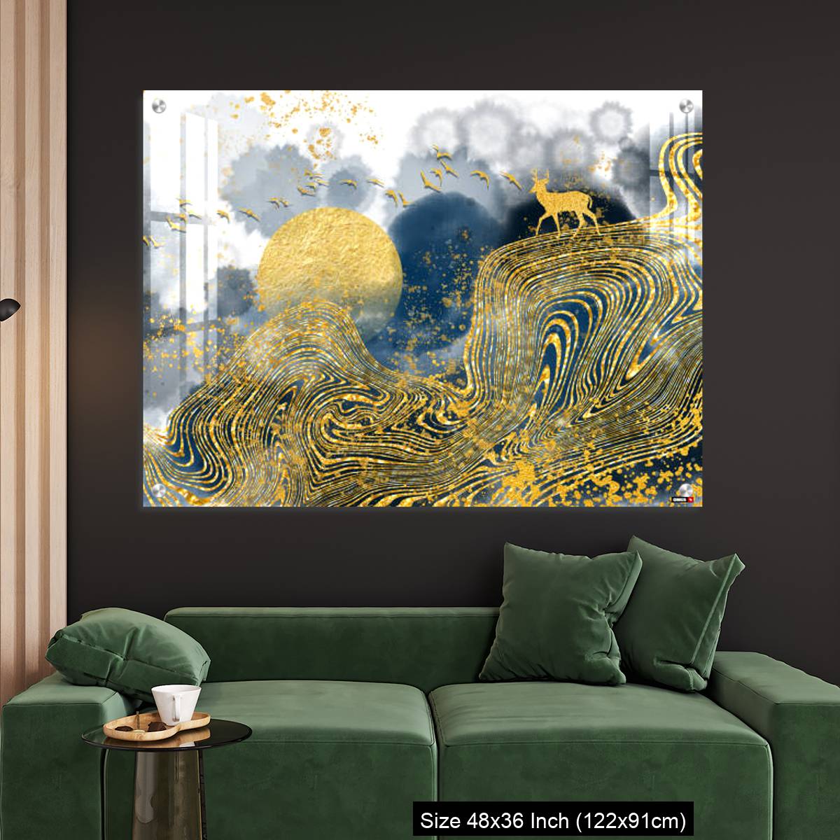 OMGs Acrylic Wall Decor – Golden deer, black christmas tree , mountain , moon with white birds - Image 4