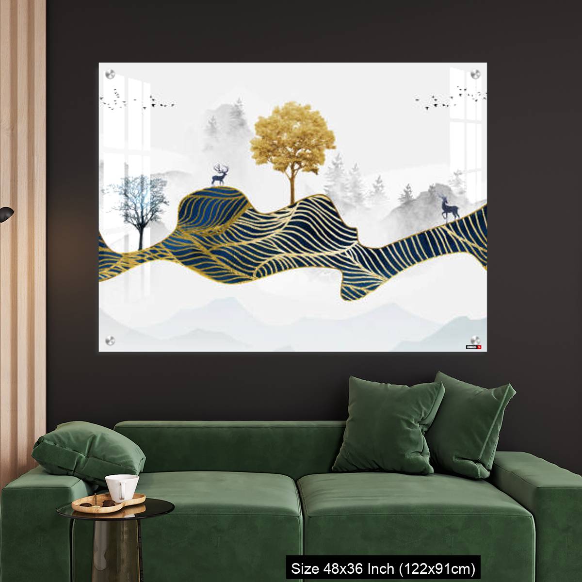 OMGs Acrylic Wall Decor – Deer, Christmas trees, mountains, clouds, and golden blue waves. 3d modern canvas art mural - Image 4