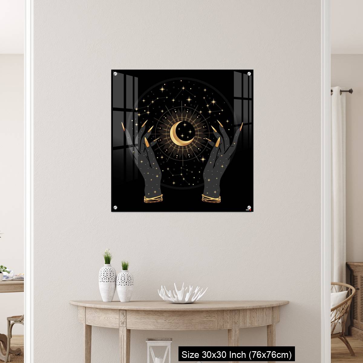 OMGs Acrylic Wall Decor – Black and gold boho crescent and elegant female hands. - Image 5