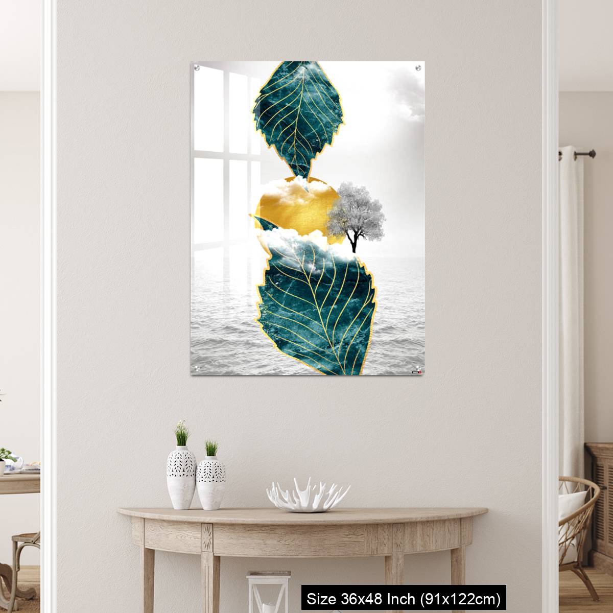 OMGs Acrylic Wall Decor – Light gray background golden sun and clouds, tree leaf and water - Image 5