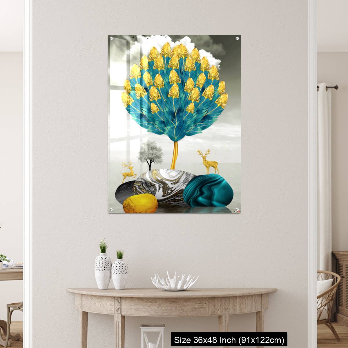 OMGs Acrylic Wall Decor – Ginko biloba leaves golden tree, deer, gray mountain, stone sun, and clouds - Image 5