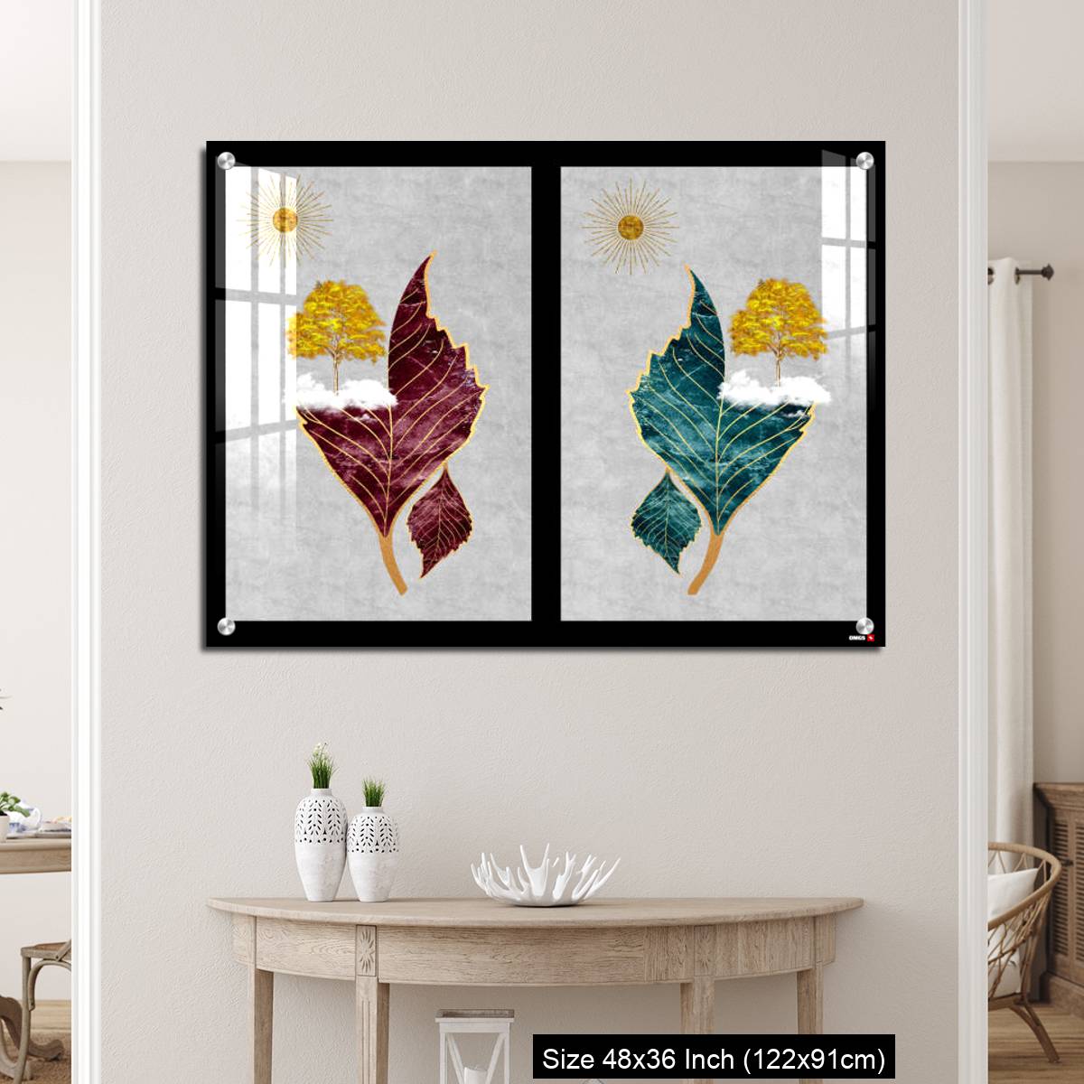 OMGs Acrylic Wall Decor – Chinese landscape gray background golden sun tree leaf and white clouds. - Image 5