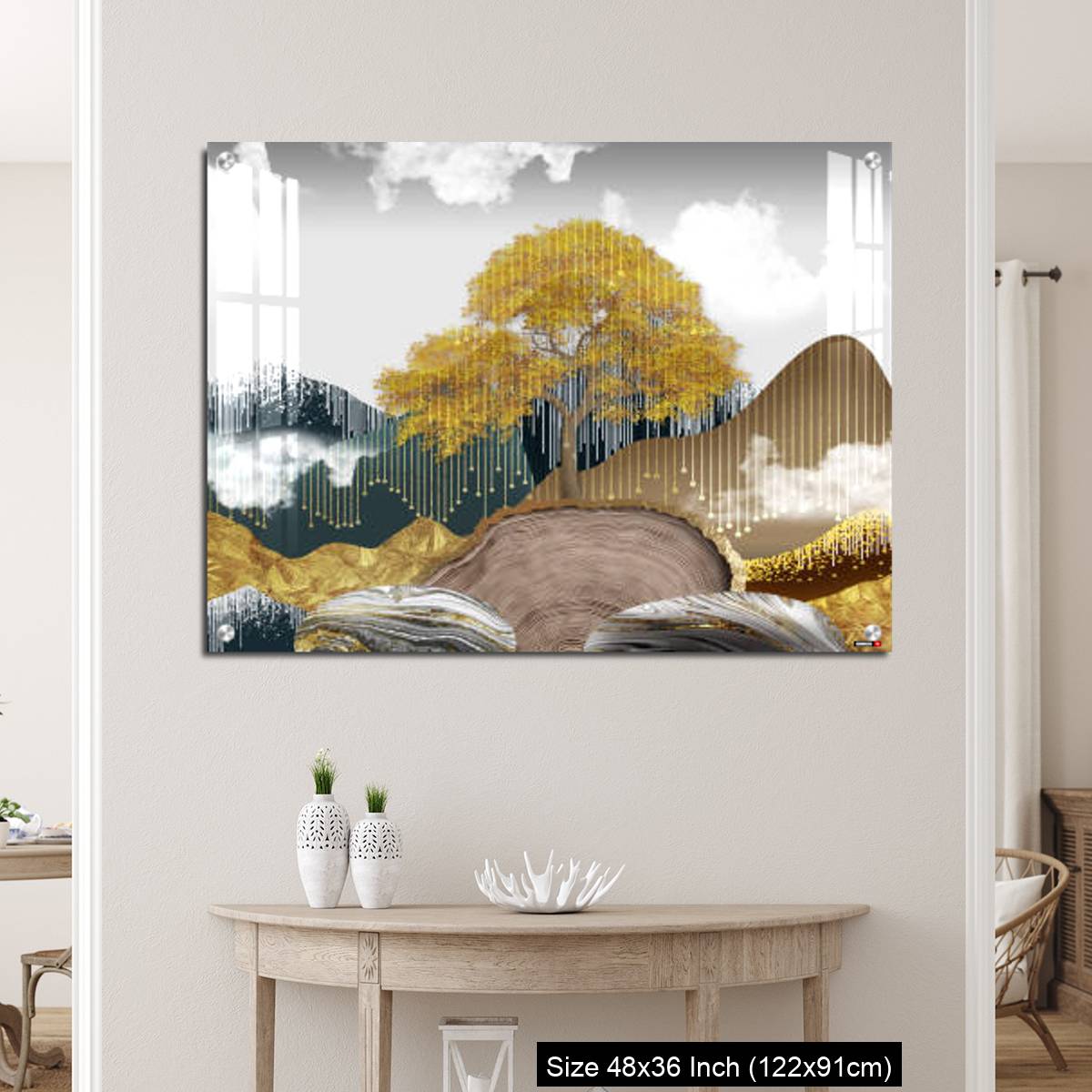 OMGs Acrylic Wall Decor – Gray background with golden trees, deer, mountains, and white clouds. golden, black, turquoise stone in water. - Image 5