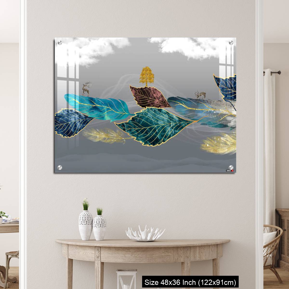 OMGs Acrylic Wall Decor – Blue, turquoise, and red leaves, white clouds and feathers in gray background - Image 5