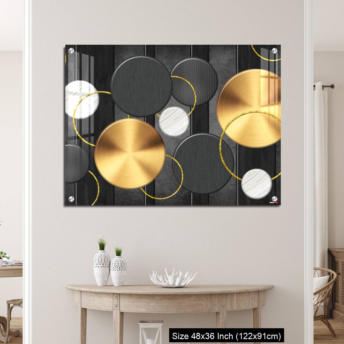 OMGs Acrylic Wall Decor – White and golden circles in dark gray  background decorative wall art. - Image 5
