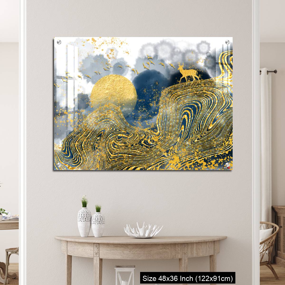 OMGs Acrylic Wall Decor – Golden deer, black christmas tree , mountain , moon with white birds - Image 5