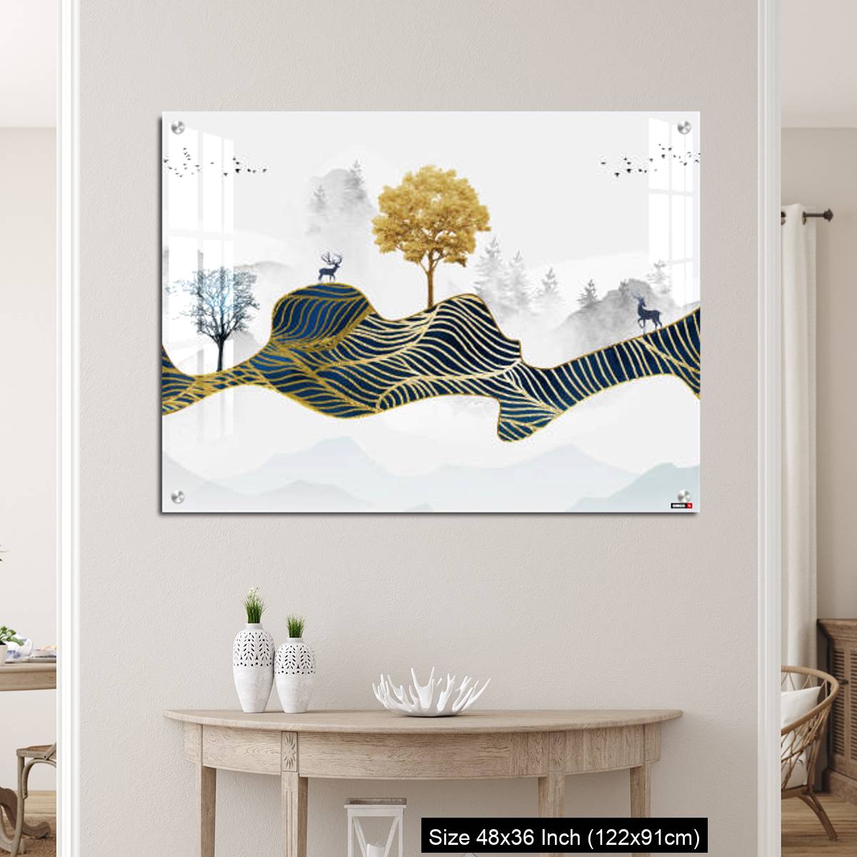 OMGs Acrylic Wall Decor – Deer, Christmas trees, mountains, clouds, and golden blue waves. 3d modern canvas art mural - Image 5